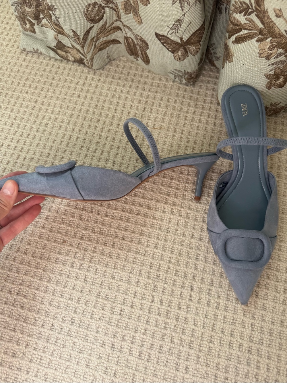 Zara Dusty Blue Pointed Suede Mules with Buckle Detail - Picture 2 of 4
